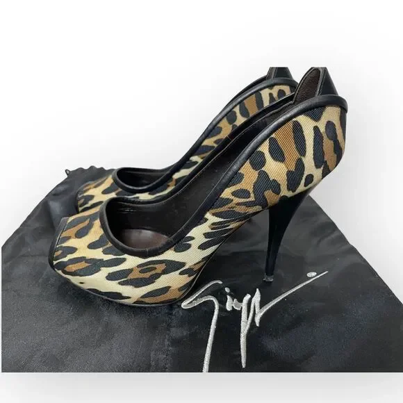 Giuseppe Zanotti Leopard Print Canvas Peep Toe Pumps 37.5 w/ dustbag - Picture 2 of 11